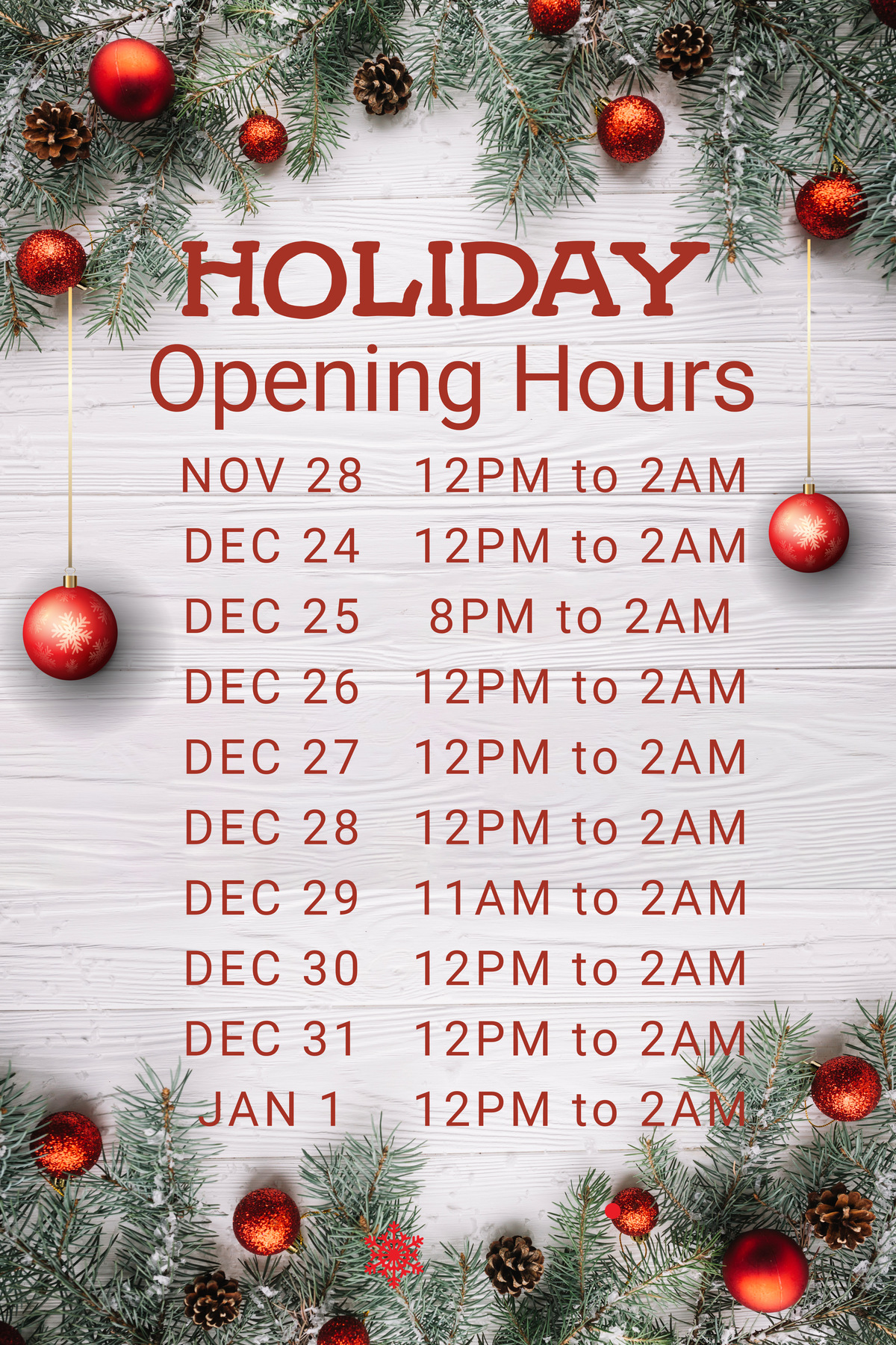 Copy Of Christmas Opening Hours Poster Template Warehouse Billiard Bar